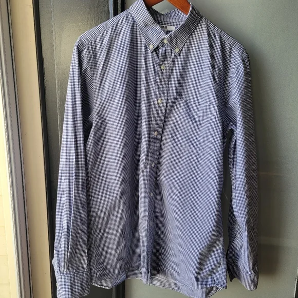 Uniqlo Checkered Shirt Mens Medium Navy Blue White Long Sleeve Check 100% Cotton - Picture 2 of 12
